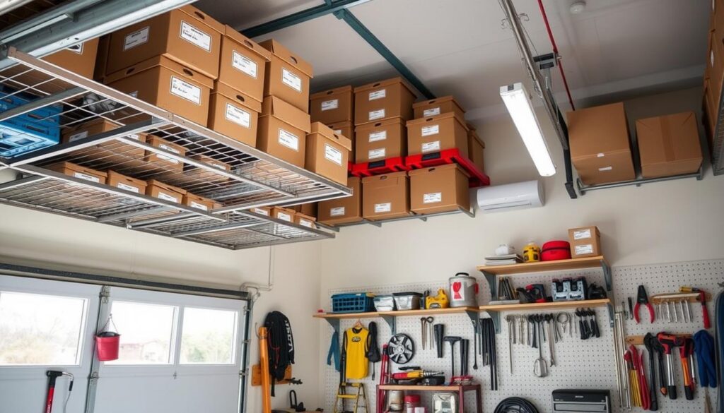 Generate an image of a well-organised garage with overhead storage racks.