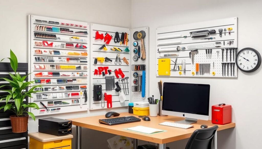 Generate an image of a well-organised workspace utilising wall-mounted louvre panels for small parts storage.