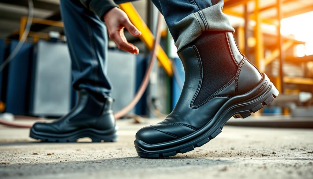 Generate an image of a worker wearing BKS Mens Black Slip On Steel Toe Dealer Boots