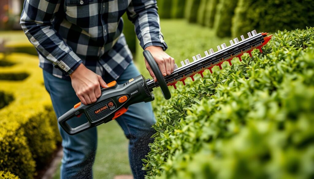 Generate an image of the Black+Decker hedge trimmer in use.