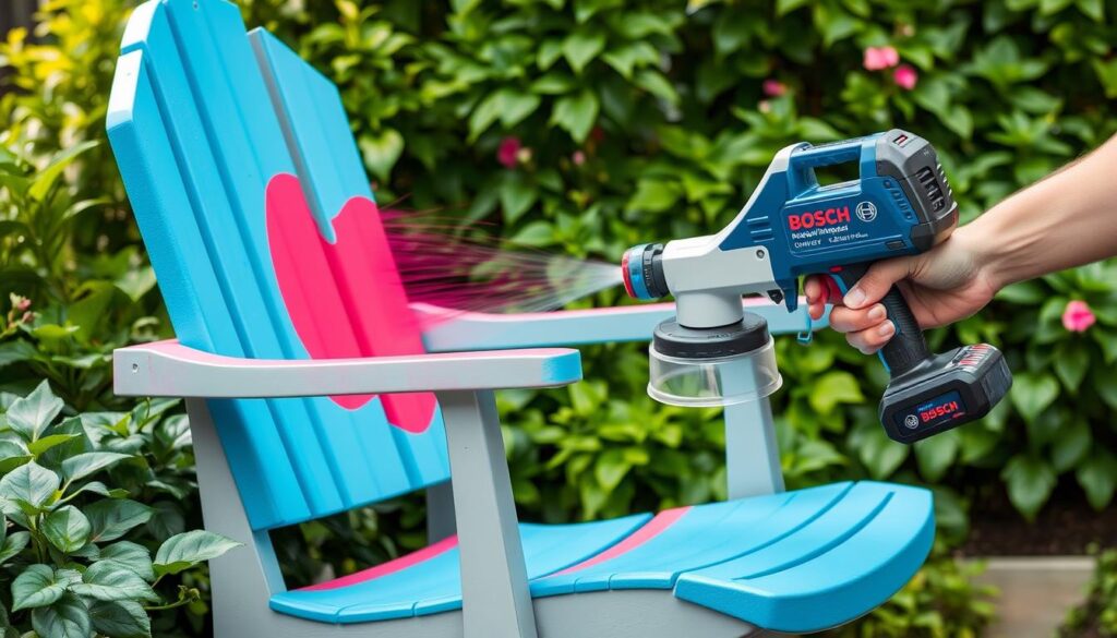 Generate an image of the Bosch Cordless Universal Paint Sprayer being used to paint a garden chair.