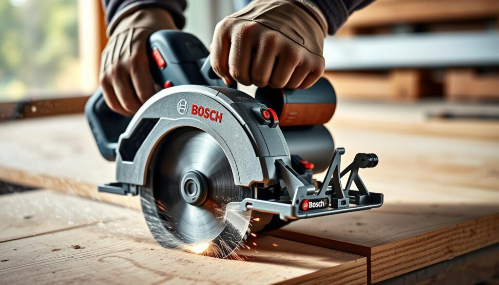 Generate an image of the Bosch Professional GKS12 V-26 Cordless Circular Saw in use, cutting through a sheet of wood with precision.