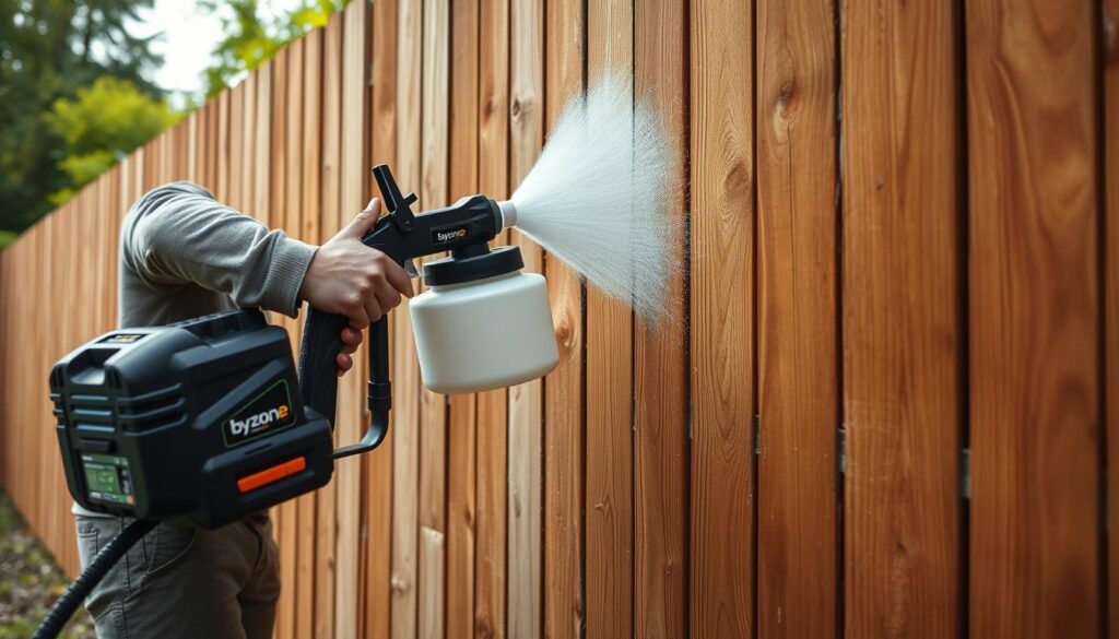 Generate an image of the Byczone Cordless Fence Paint Sprayer in use on a large wooden fence.