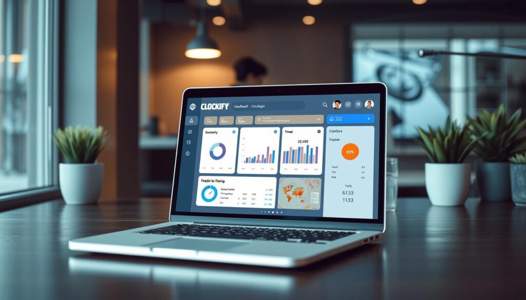 Generate an image of the Clockify app dashboard on a laptop screen.