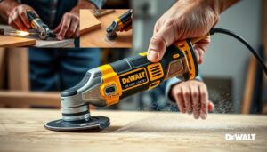 Generate an image of the DeWalt XR Oscillating Tool in action, showcasing its versatility in various tasks such as cutting, sanding, and grinding.
