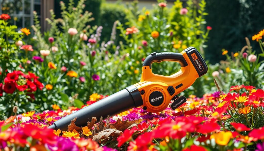 Generate an image of the Einhell GP-LB36/210 Li Turbo cordless leaf blower in a garden setting.