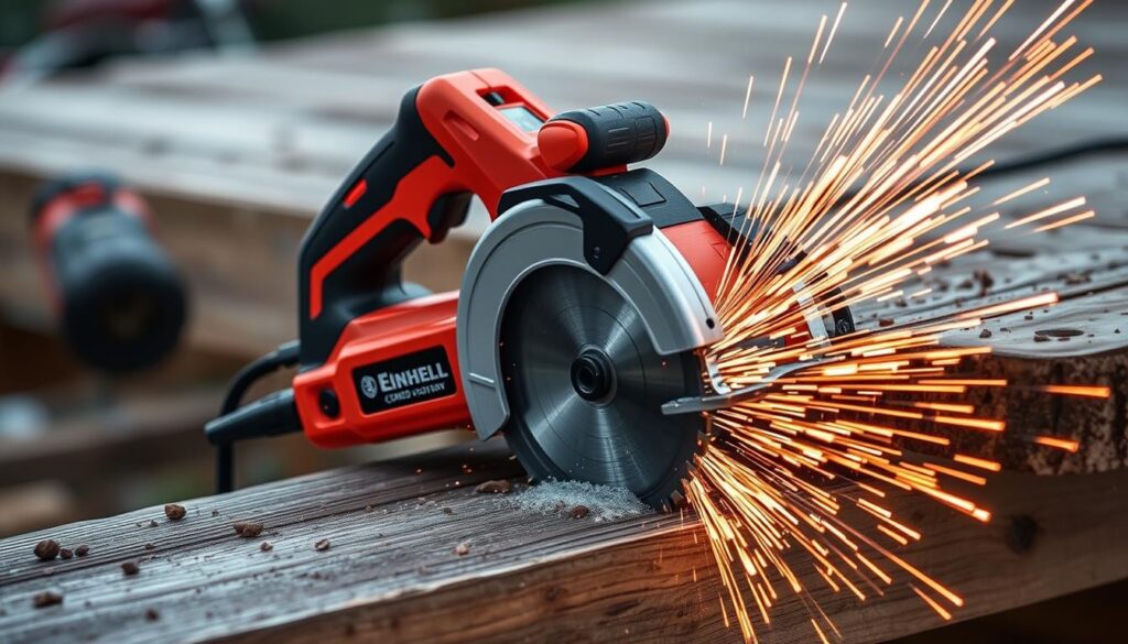 Generate an image of the Einhell TC-CS Corded Mini Circular Saw Kit in action, cutting through a piece of wood.