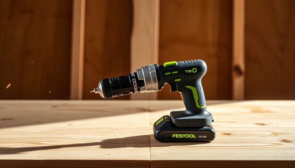 Generate an image of the Festool T18 cordless drill in action, drilling into wood.