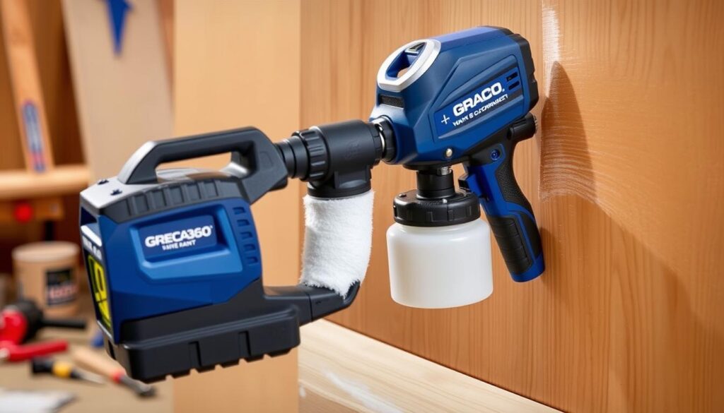 Generate an image of the Graco TrueCoat360 Cordless Connect Handheld Paint Sprayer in use on a wooden surface.