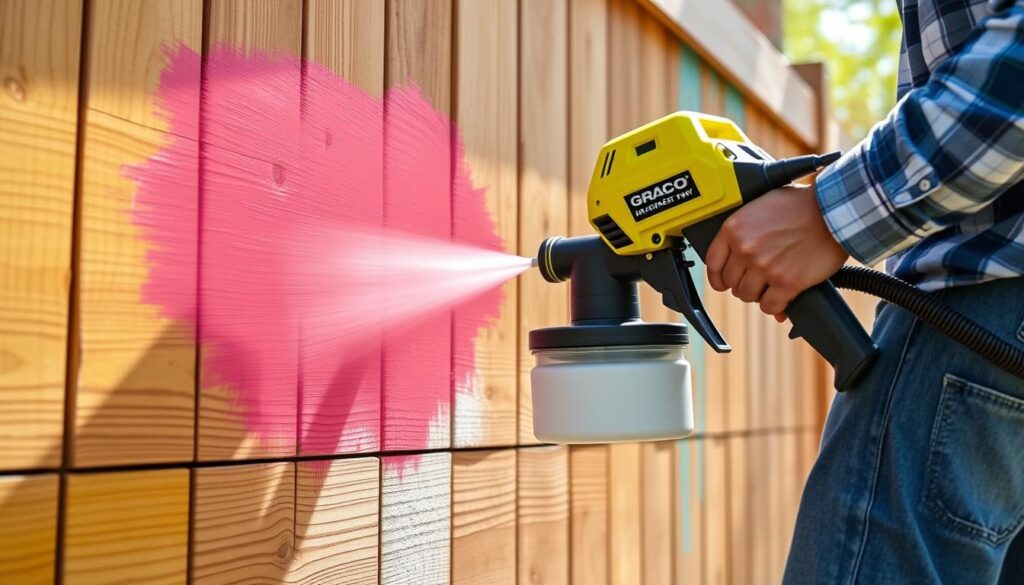 Generate an image of the Graco Ultra Cordless Airless Handheld Paint Sprayer in action, spraying paint onto a wooden fence.