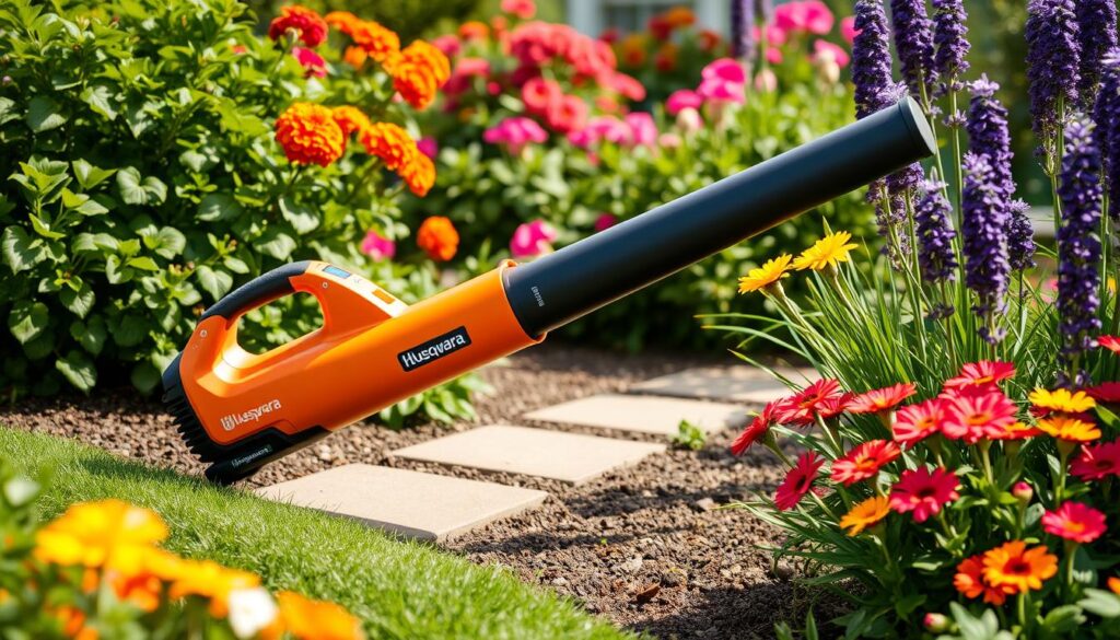Generate an image of the Husqvarna Aspire B8X-P4A cordless leaf blower in a garden setting.