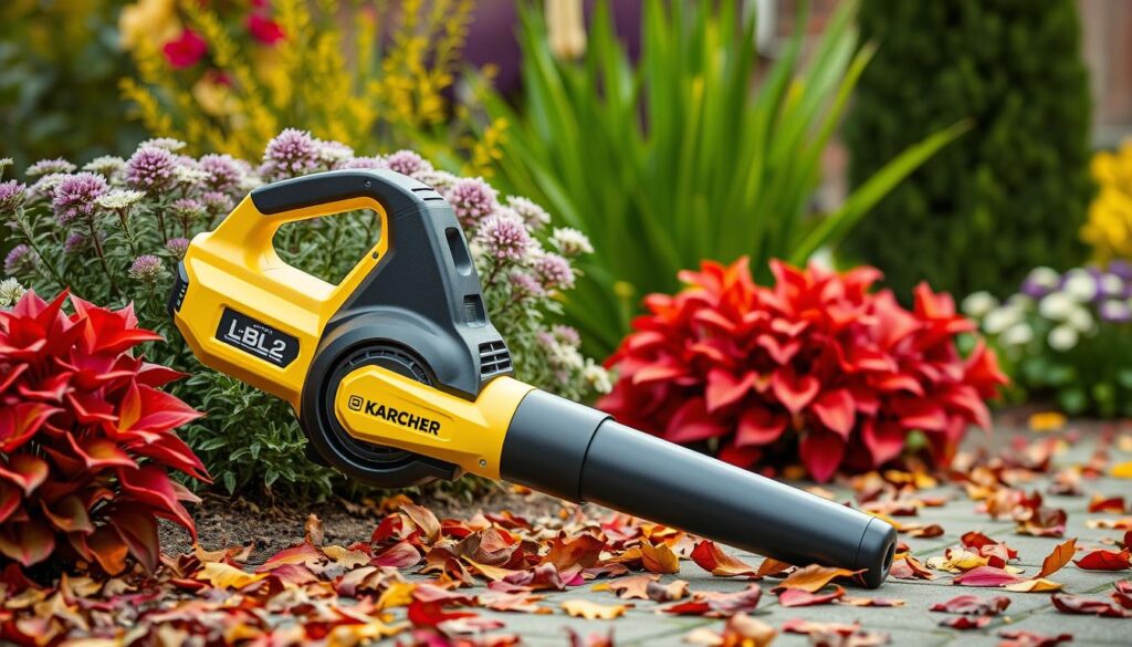 Generate an image of the Karcher LBL2 cordless leaf blower in a garden setting.