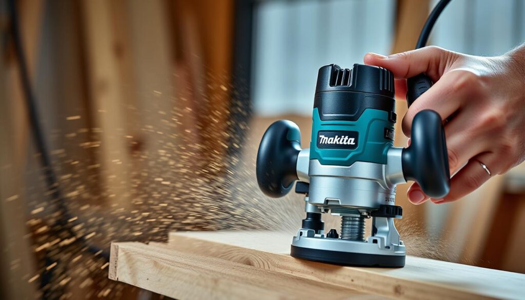Generate an image of the Makita cordless trim router in action, showcasing its performance and power.