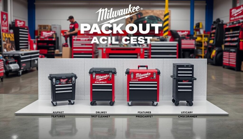Generate an image of the Milwaukee PACKOUT rolling chest alongside its competitors.