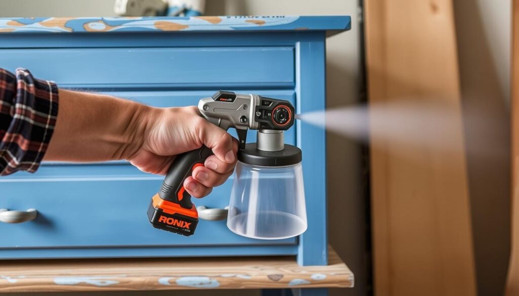 Generate an image of the Ronix8604 20v Cordless Spray Gun being used on a furniture piece.