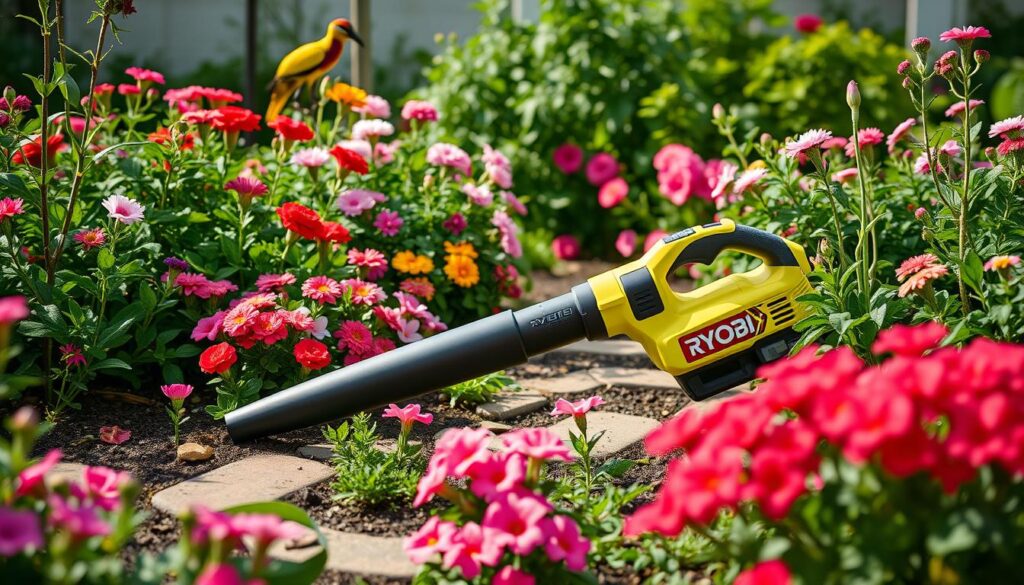 Generate an image of the Ryobi 18V ONE+ Whisper Blower in a serene garden setting.