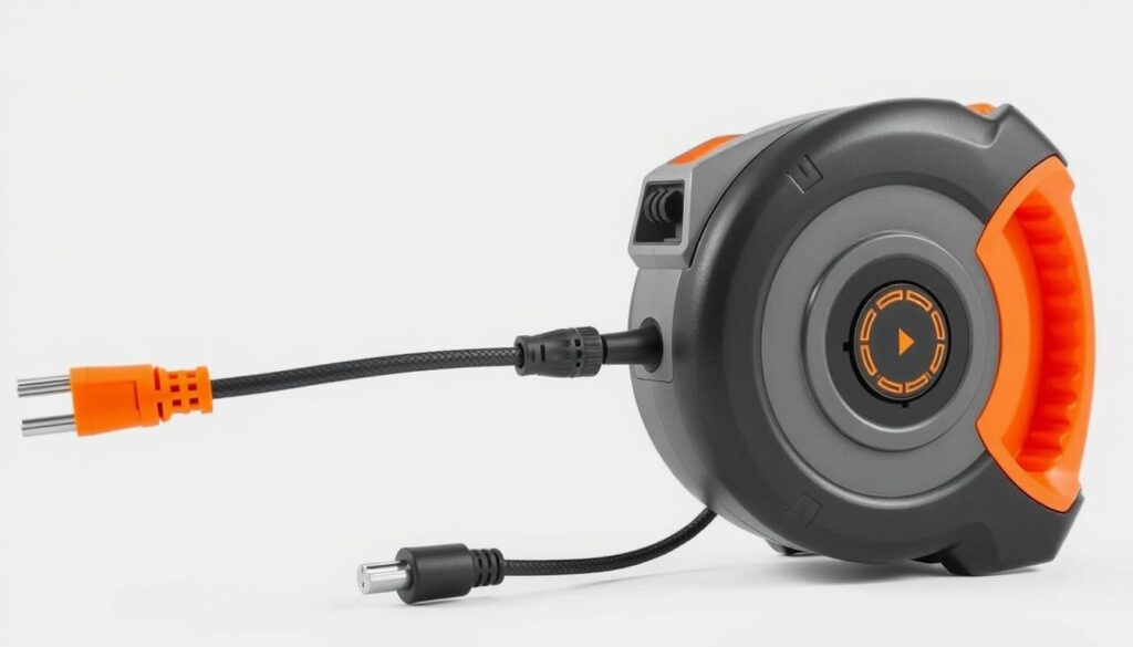 Generate an image of the SuperHandy 15m retractable extension cord reel with its cable extended and the reel's robust construction visible.