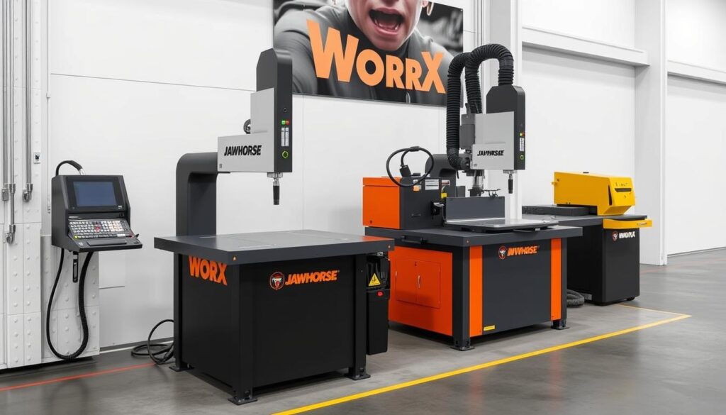 Generate an image of the Worx Jawhorse Workstation next to a Superjaws workstation