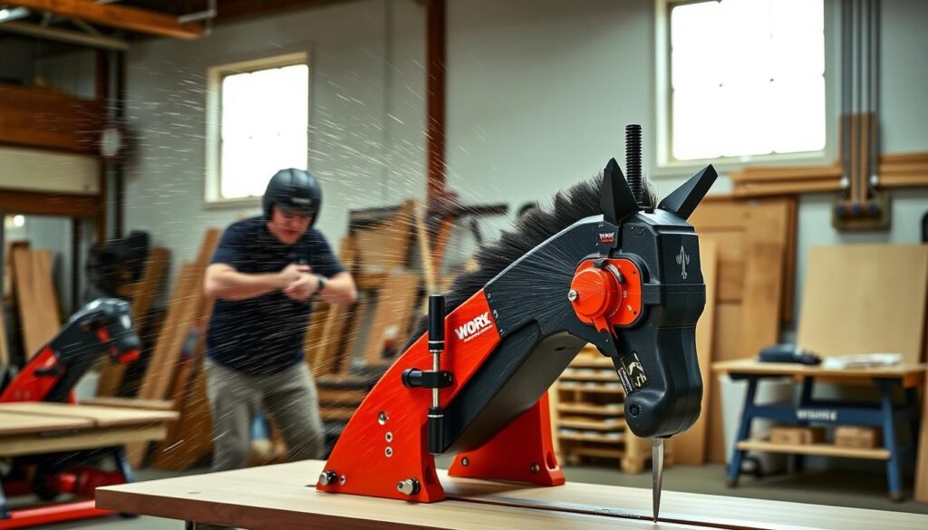 Generate an image of the Worx Jawhorse workstation in use, showcasing its versatility and heavy-duty clamping capability.