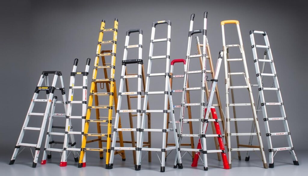 Generate an image of various multi-purpose ladders side by side.