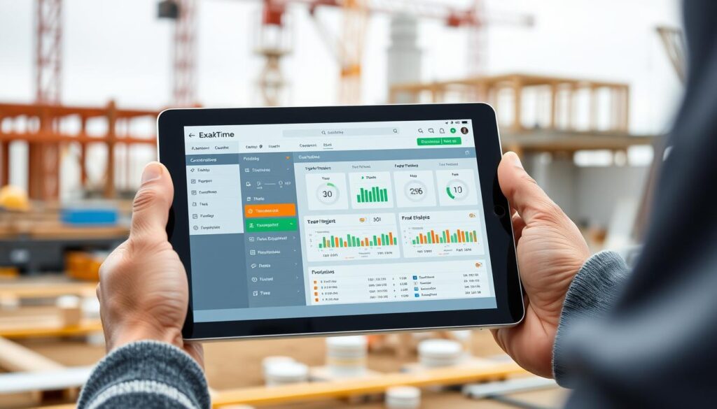 Generate an image representing ExakTime's user interface on a construction site manager's tablet, showing time-tracking data for various tasks and projects.