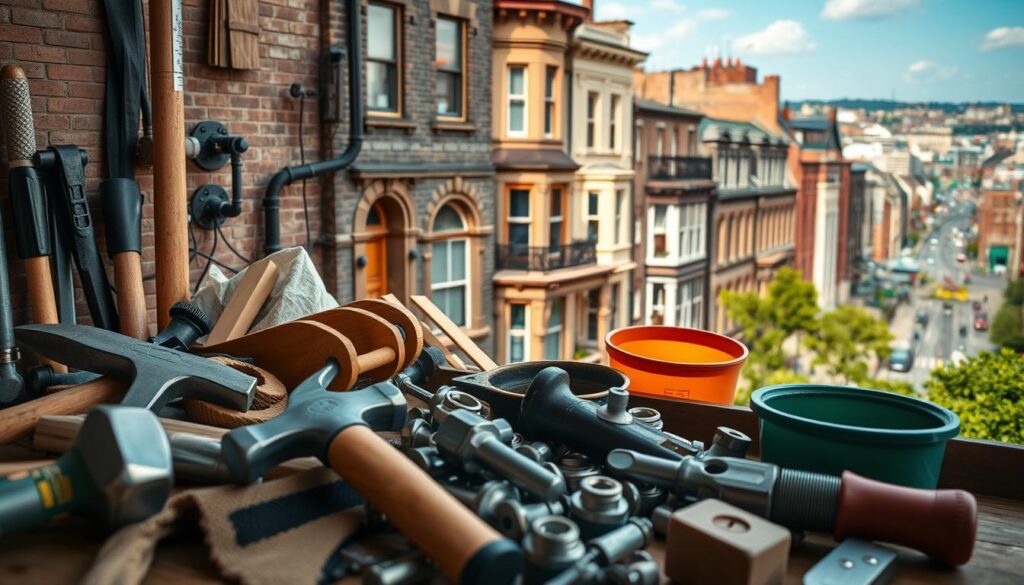 Handyman Belfast cost factors: a detailed, realistic scene depicting the various elements that influence pricing for handyman services in the city. In the foreground, an array of essential tools and materials - hammers, screwdrivers, plumbing fixtures - represent the core components of a handyman's work. In the middle ground, a Belfast townhouse with intricate architectural details showcases the unique challenges of older buildings. The background features a bustling urban landscape, suggesting the impact of location and demand on service costs. Warm, natural lighting casts a professional, hardworking atmosphere, while a slightly elevated camera angle provides an overarching view of the factors at play. The overall composition conveys the multifaceted nature of handyman pricing in Belfast.