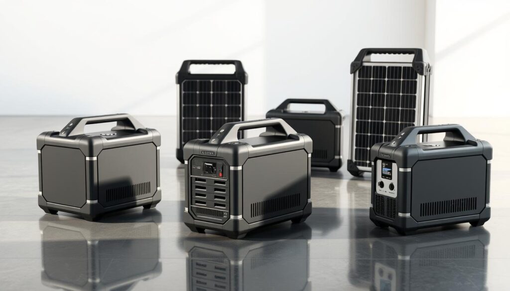 High-quality, photorealistic image of multiple portable solar generators arranged in a modern, minimalist setting. The generators are sleek, black-and-silver models with clean lines and efficient solar panels. They are placed on a smooth, reflective surface, perhaps a polished concrete floor or a mirrored tabletop, creating a sense of depth and reflecting the generators' forms. The lighting is soft and natural, with subtle highlights and shadows that accentuate the generators' contours. The background is a simple, uncluttered space, perhaps a studio or a showroom, allowing the solar generators to be the focal point of the image. The overall atmosphere is one of technological sophistication, sustainability, and functional elegance.