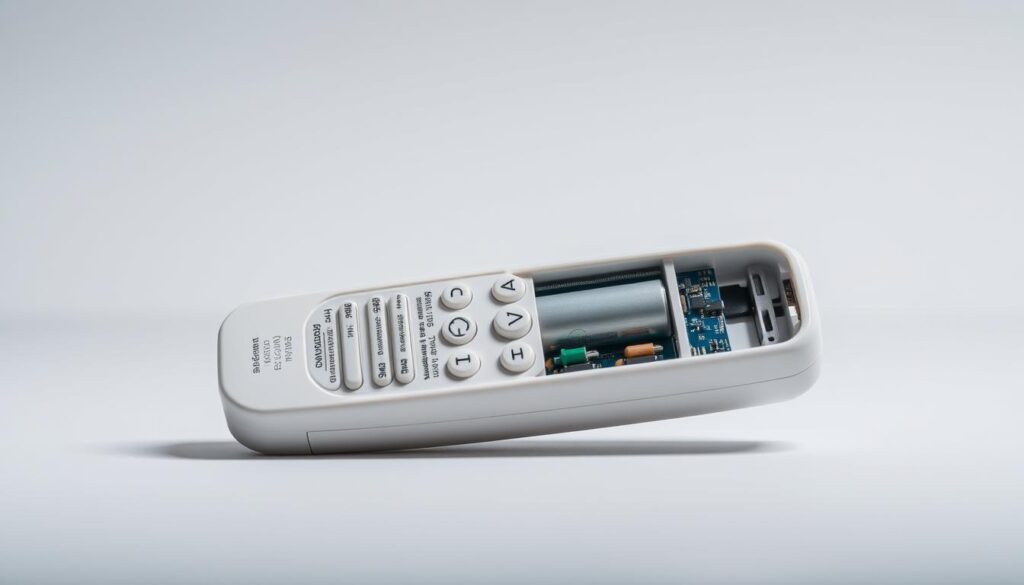 High-resolution macro photograph of an opened air conditioner remote control, revealing its internal batteries and electronic components. The remote is displayed against a clean, minimalist backdrop, with soft, diffused lighting that accentuates the textures and details of the batteries and circuit board. The composition is centered and balanced, allowing the viewer to clearly focus on the key elements. The overall mood is one of technical precision and clarity, conveying the importance of properly inspecting and replacing the batteries to troubleshoot an air conditioner remote control that is not functioning correctly.