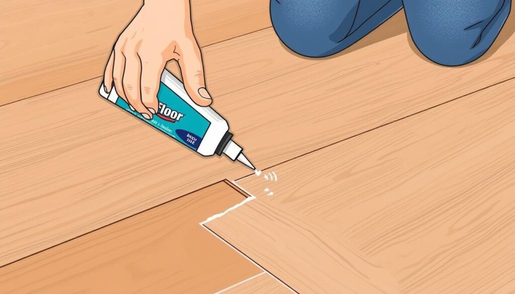 Image of Fix-A-Floor adhesive being applied to squeaky laminate flooring