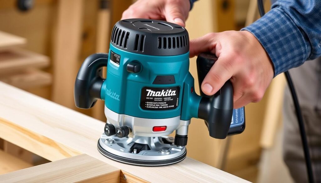 Image of Makita XTR01Z cordless trim router in action