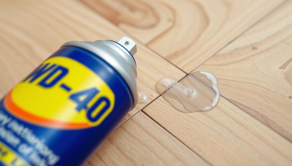 Image of WD-40 being sprayed into laminate floor joints