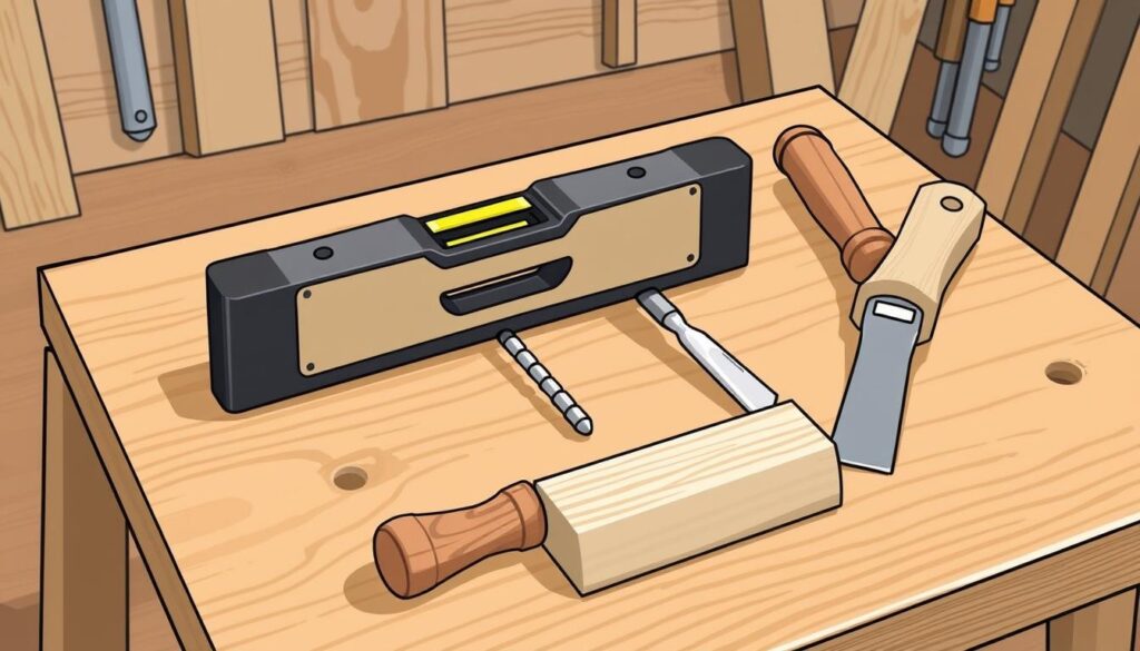 Image of a carpenter's toolkit with essential door adjustment tools