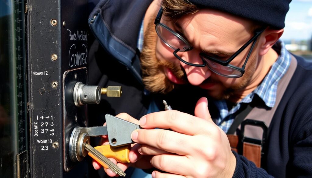Image of a commercial locksmith working on a lock in Swansea
