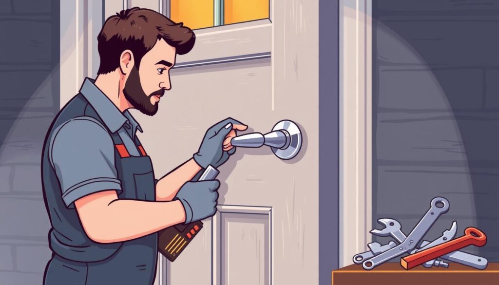 Image of a locksmith fitting a new lock on a front door