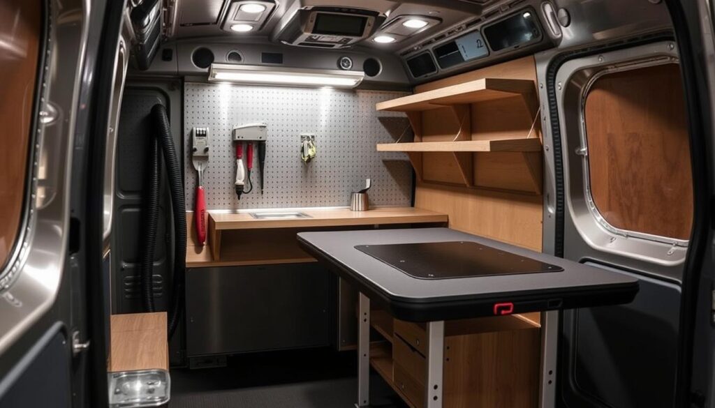 Image of a mobile workbench installed in a van