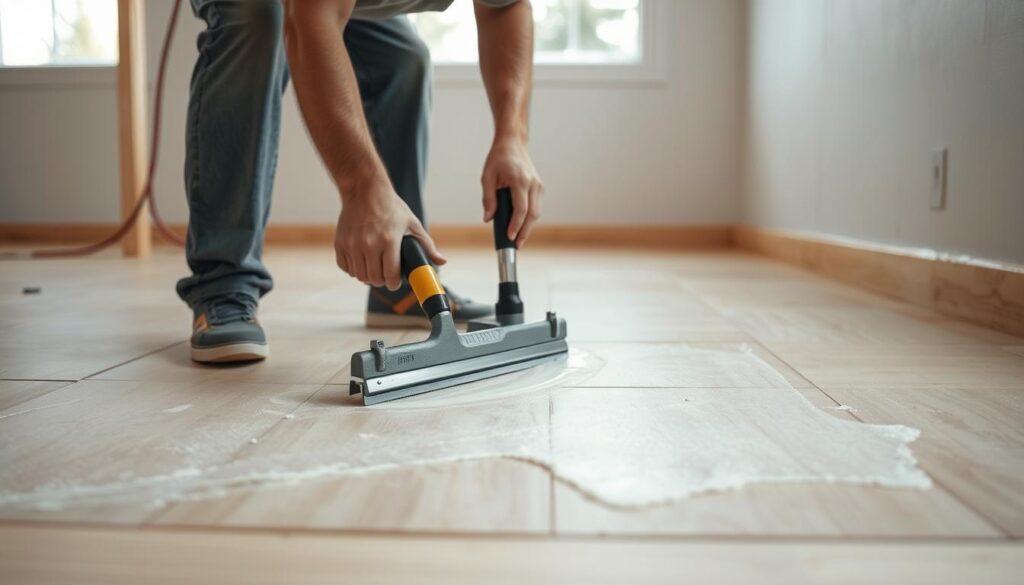 Image of a person applying construction adhesive to a subfloor