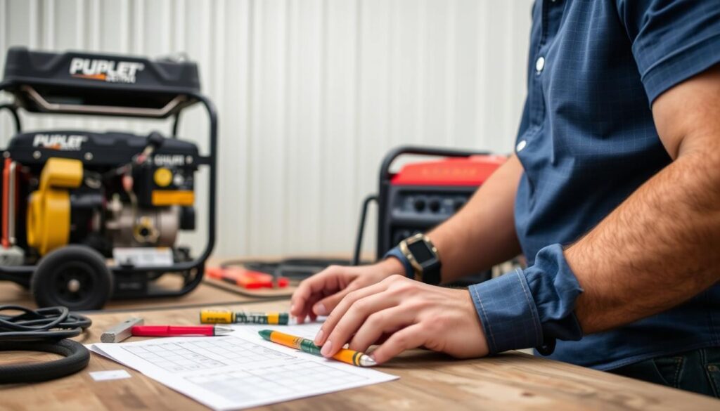 Image of a person calculating power needs with a portable generator in the background