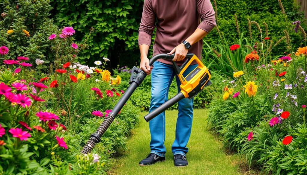 Image of a person holding a cordless leaf blower in a garden