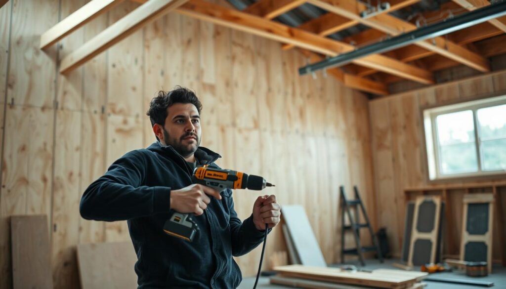Image of a person holding a drill and standing in front of a loft boarding project