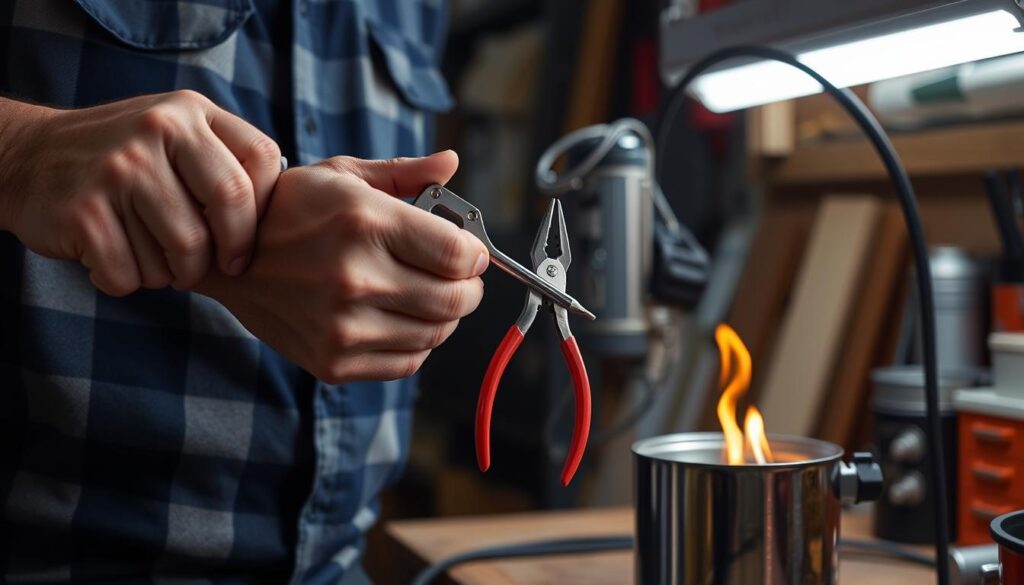 Image of a person holding a screwdriver and pliers near an immersion heater