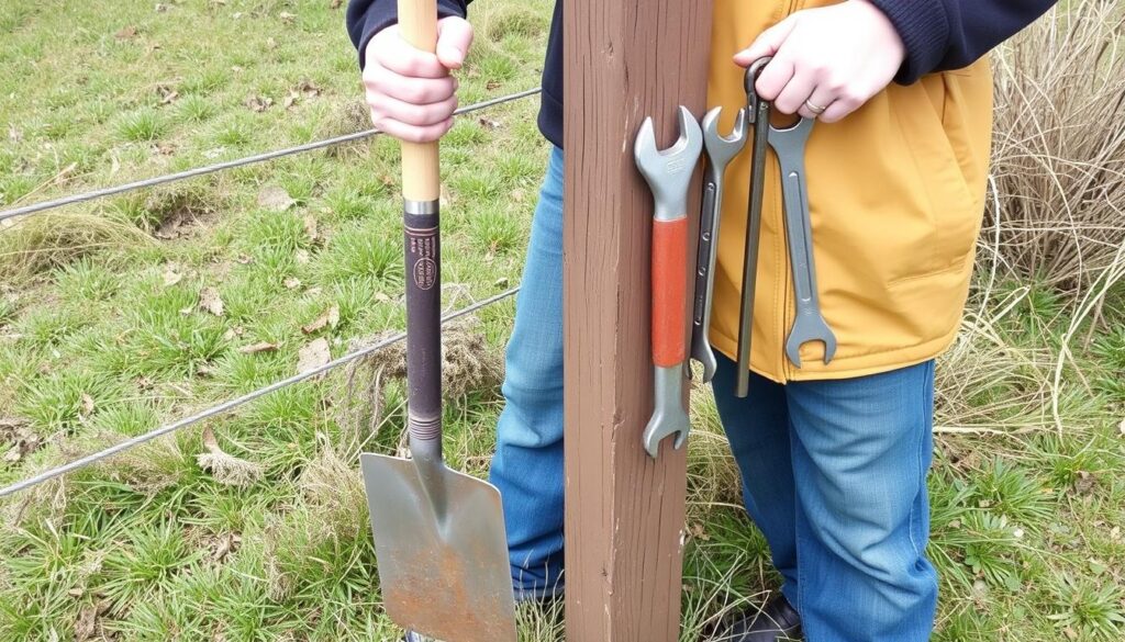 Image of a person holding a spade, drill, and spanners near a fence post