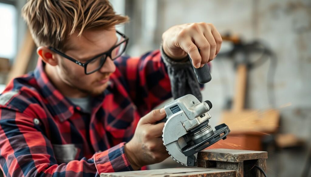 Image of a person inspecting an angle grinder and its workspace before operation