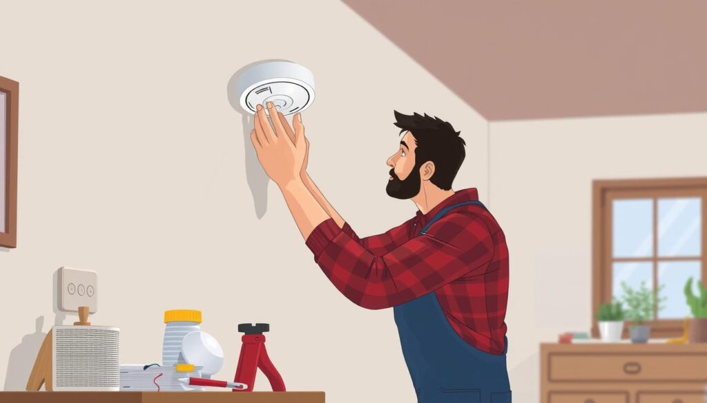 Image of a person installing a mains-powered smoke alarm with necessary tools and materials