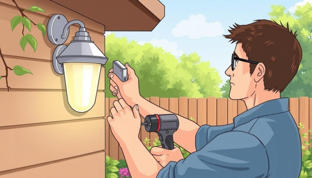 Image of a person installing a photocell sensor on an outdoor light