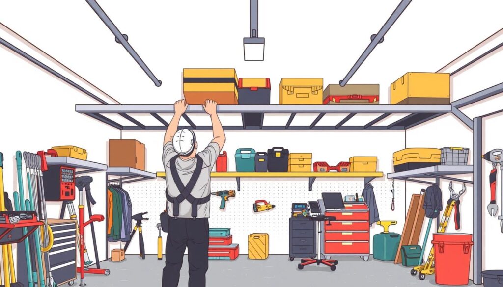 Image of a person installing overhead storage racks in a garage