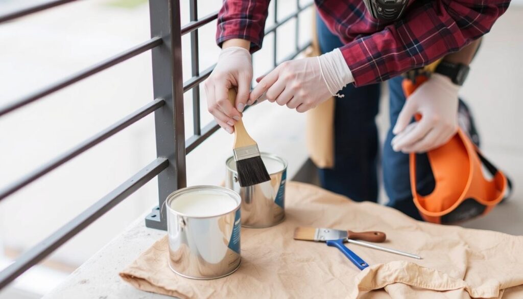Image of a person preparing to paint metal railings with necessary tools and materials