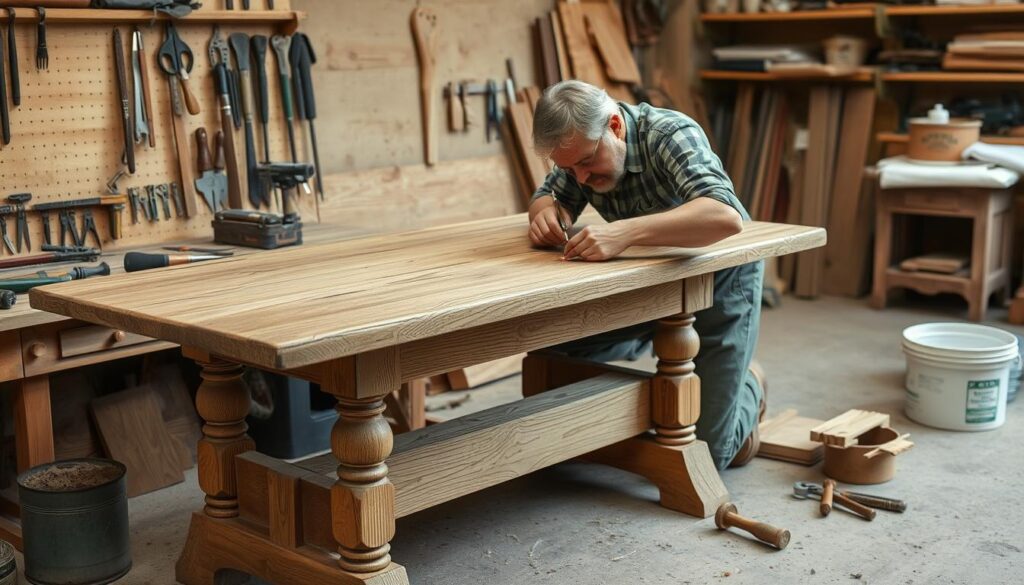 Image of a person restoring an oak table with necessary tools and materials