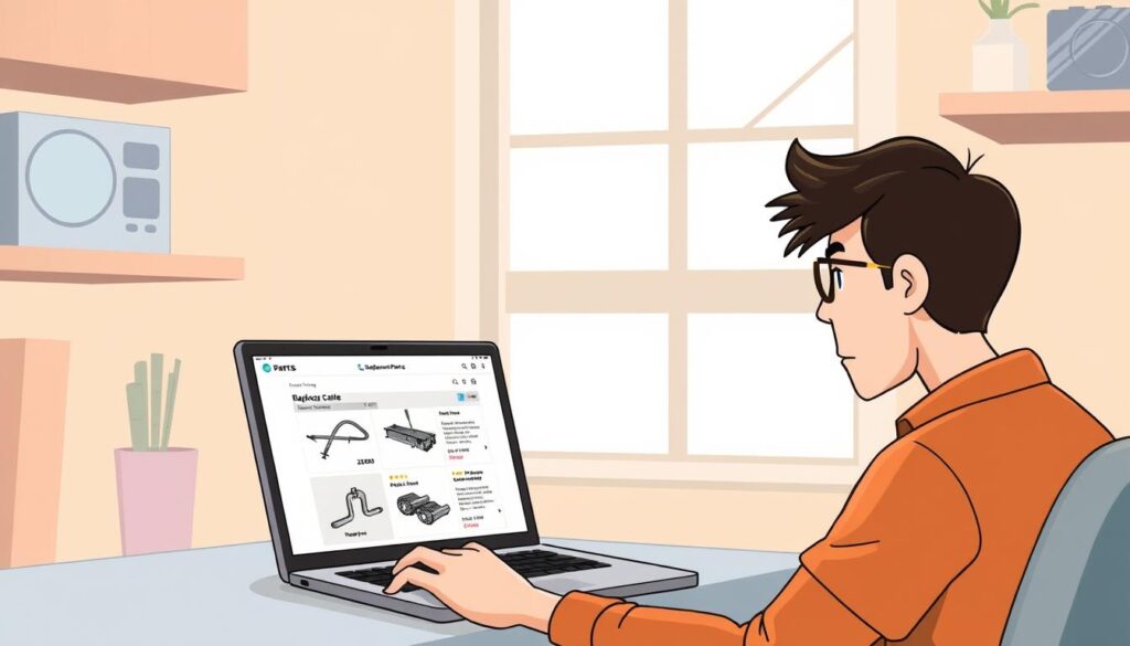 Image of a person searching online for dishwasher door spring cable replacement parts