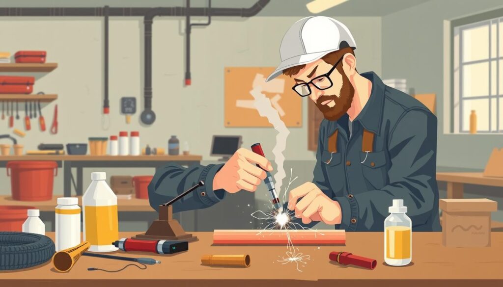 Image of a person soldering copper pipes with necessary tools and materials nearby.