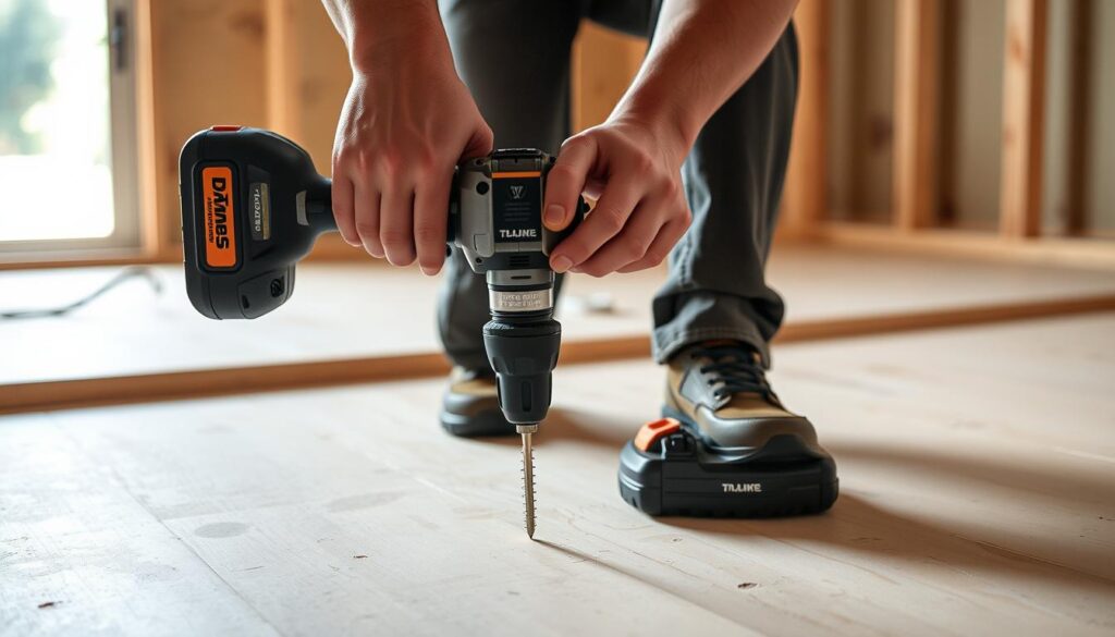 Image of a person using a cordless drill to secure a subfloor